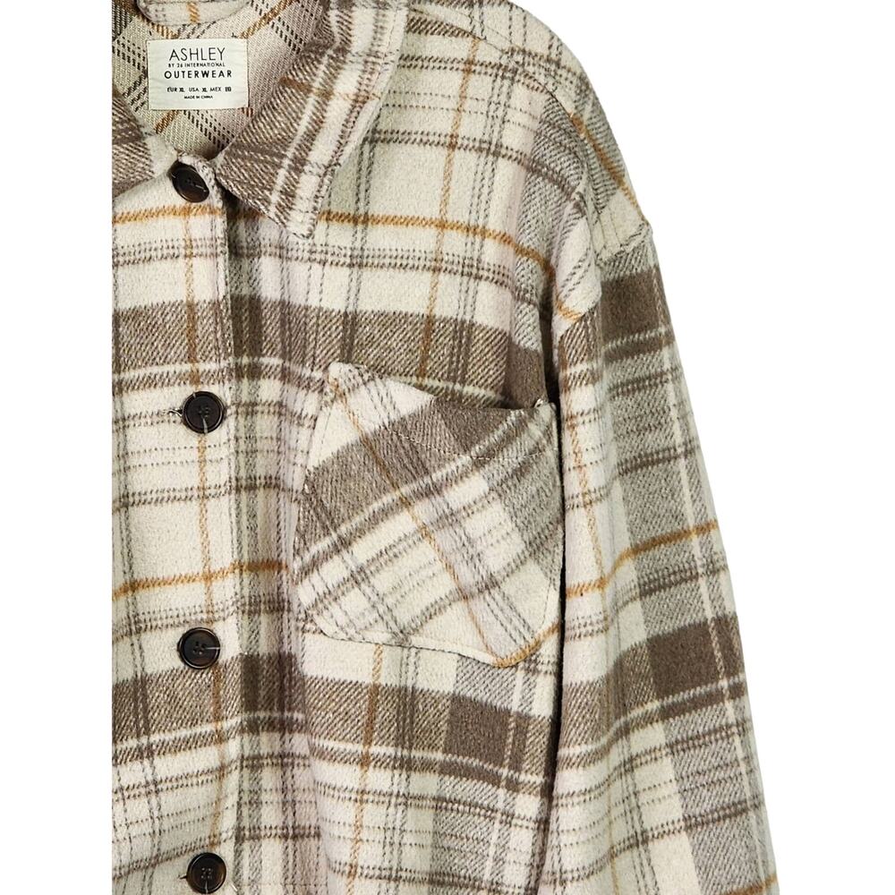 Plaid Wool Blend Barn Jacket XL Cropped Shacket Neutral Cabincore Western - Picture 4 of 11